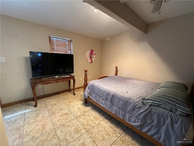 bedroom featuring tile patterned flooring and ceiling fan