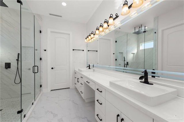 full bathroom featuring visible vents, marble finish floor, a sink, and a shower stall