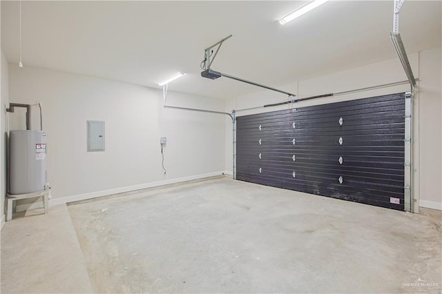 garage featuring electric panel, baseboards, a garage door opener, and electric water heater