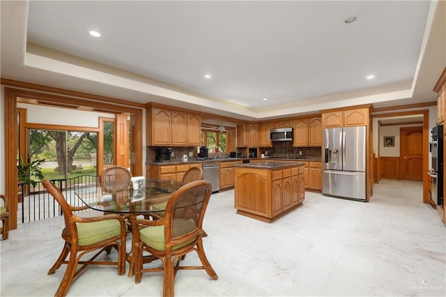 kitchen with a wealth of natural light, a kitchen island, appliances with stainless steel finishes, and a tray ceiling