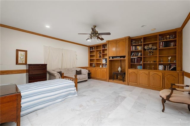 bedroom with ceiling fan and crown molding