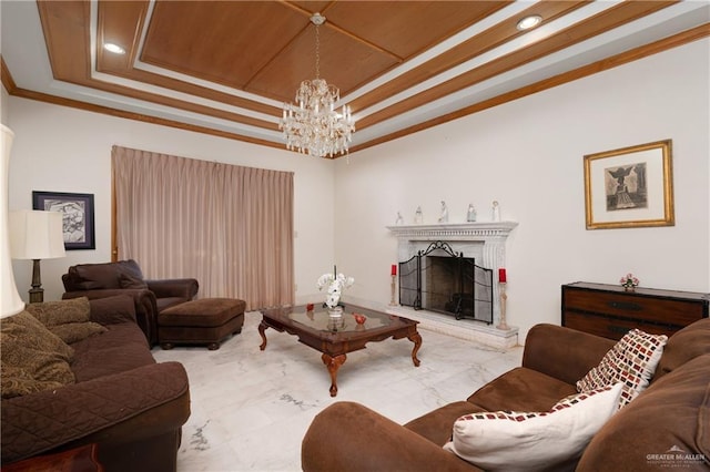 living room featuring a tray ceiling, crown molding, wood ceiling, and an inviting chandelier