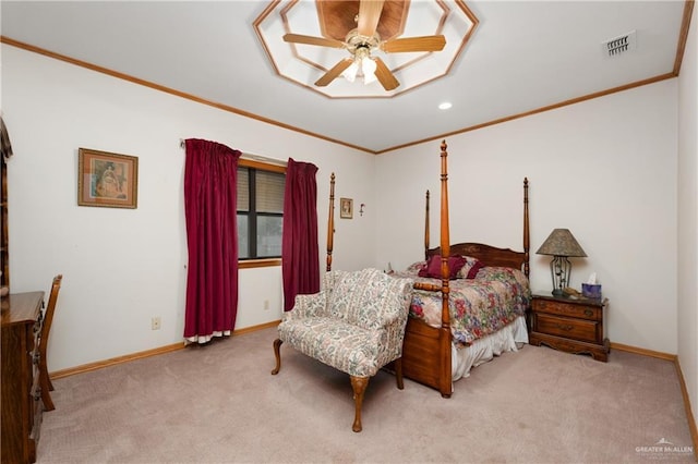 bedroom with ceiling fan, light colored carpet, and ornamental molding