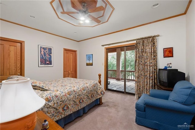 carpeted bedroom with access to exterior, ceiling fan, and ornamental molding