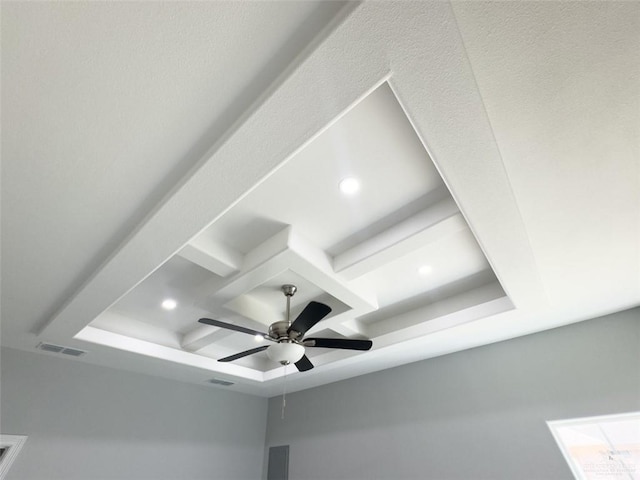 room details featuring ceiling fan and a raised ceiling