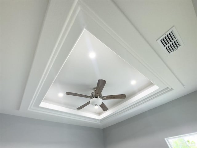 details with a tray ceiling and ceiling fan