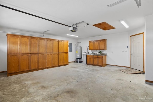 garage featuring water heater, baseboards, electric panel, and a garage door opener