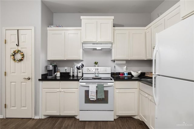 909 N Maryland St, Alton, TX 78573 - kitchen featuring white appliances, under cabinet range hood, dark wood finished floors, dark countertops, and white cabinetry