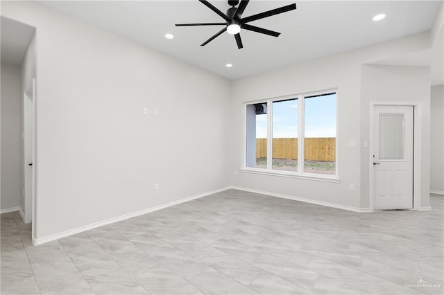 unfurnished room with recessed lighting, baseboards, and ceiling fan