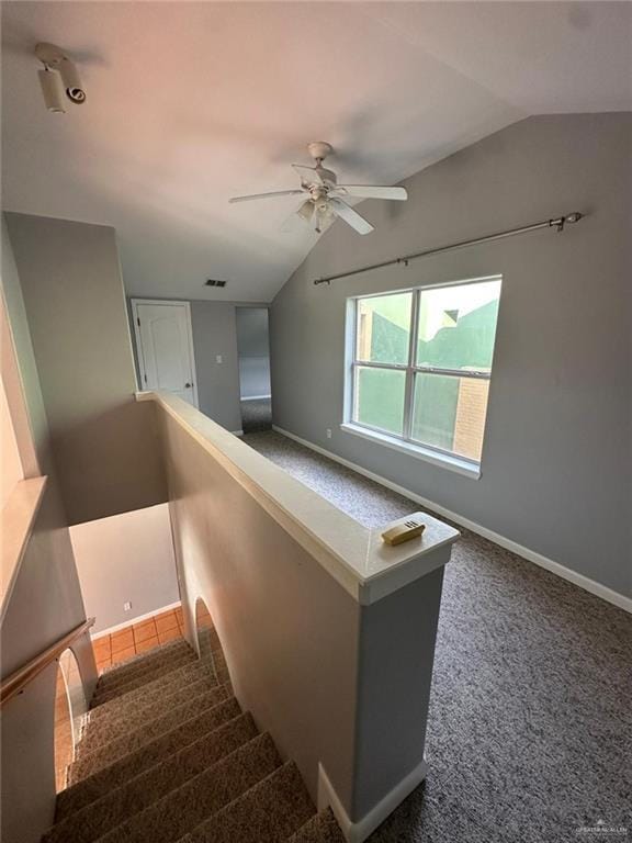 stairway with lofted ceiling, ceiling fan, and carpet