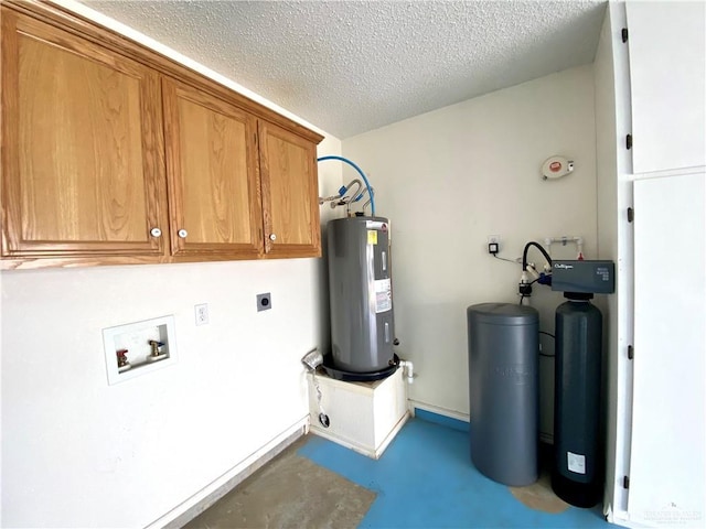 2508 Starling Cir W, Palmview, TX 78572 - laundry area featuring a textured ceiling, hookup for a washing machine, water heater, cabinet space, and electric dryer hookup