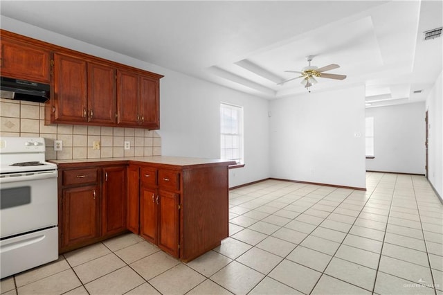 kitchen with ventilation hood, a raised ceiling, white electric stove, ceiling fan, and kitchen peninsula