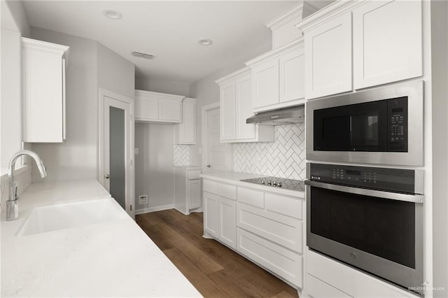6300 Cascada Bend Rd, Mcallen, TX 78504 - kitchen with stainless steel oven, built in microwave, range hood, black electric stovetop, and tasteful backsplash