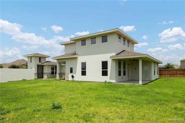 6300 Cascada Bend Rd, Mcallen, TX 78504 - rear view of house with stucco siding, a patio area, a shingled roof, and ceiling fan