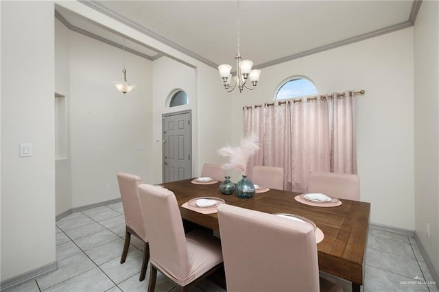 tiled dining space featuring ornamental molding, a chandelier, and vaulted ceiling