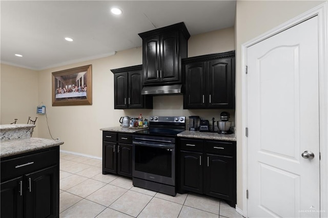 kitchen with light tile patterned flooring and stainless steel electric range oven