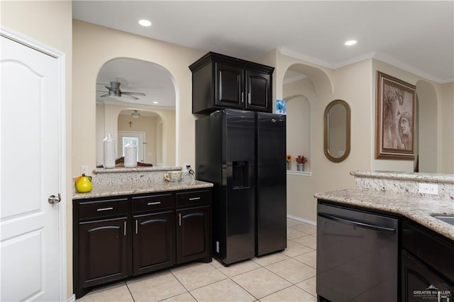 kitchen with black fridge, crown molding, stainless steel dishwasher, ceiling fan, and light tile patterned flooring