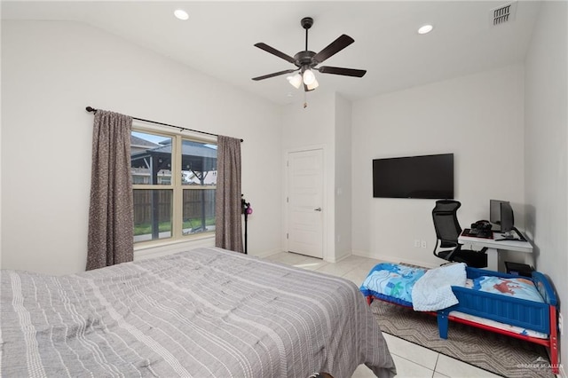 bedroom featuring light tile patterned floors, ceiling fan, recessed lighting, visible vents, and vaulted ceiling