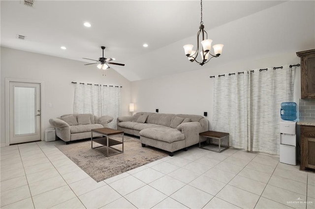 living room featuring recessed lighting, visible vents, vaulted ceiling, and light tile patterned floors