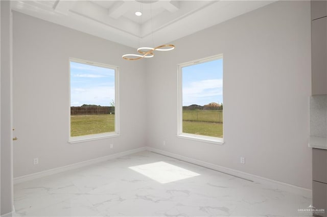 unfurnished dining area with beam ceiling, baseboards, a notable chandelier, coffered ceiling, and marble finish floor