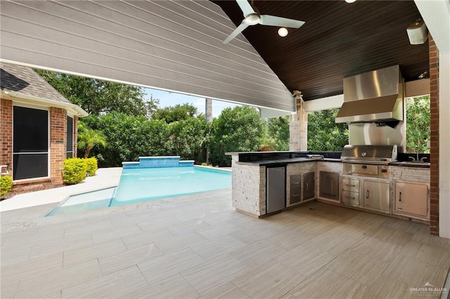 view of pool featuring sink, area for grilling, ceiling fan, and a grill