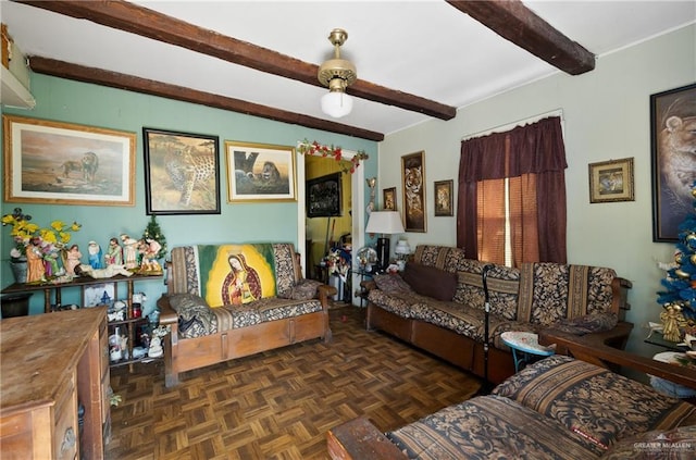 living room featuring beam ceiling and dark parquet flooring