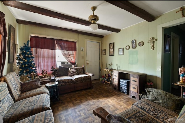 living room featuring beam ceiling, ceiling fan, dark parquet floors, and cooling unit