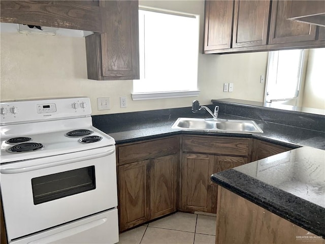 kitchen with light tile patterned flooring, white range with electric stovetop, a healthy amount of sunlight, and sink