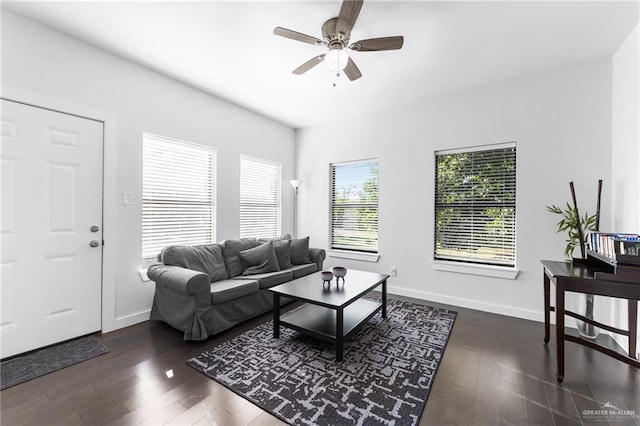 136 W Evergreen St, Boerne, TX 78006 - living room with a ceiling fan and dark wood-style floors