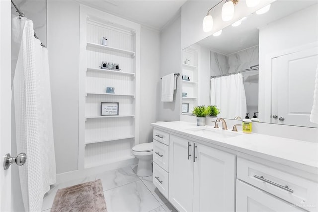 136 W Evergreen St, Boerne, TX 78006 - full bathroom with marble look tile flooring, vanity, built in features, and a shower with curtain