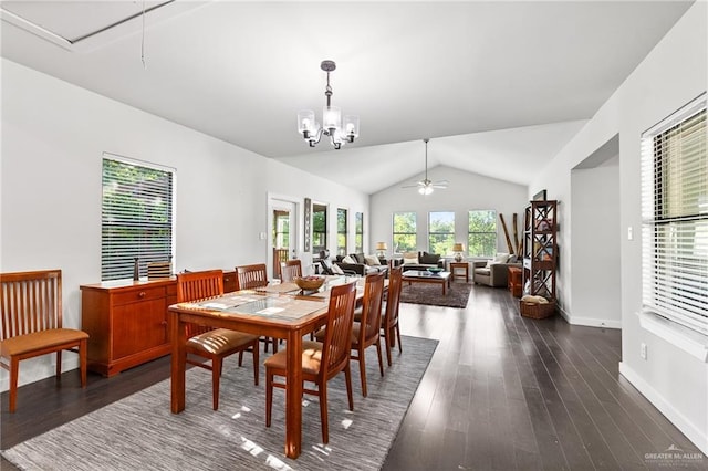 136 W Evergreen St, Boerne, TX 78006 - dining area with lofted ceiling, dark wood finished floors, ceiling fan, and a chandelier