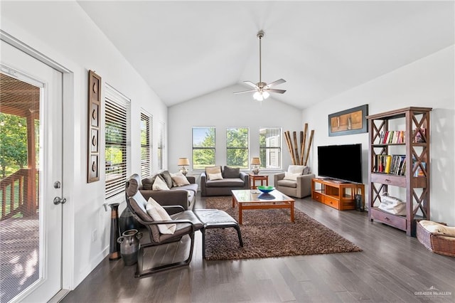 136 W Evergreen St, Boerne, TX 78006 - living area with ceiling fan, wood finished floors, and vaulted ceiling