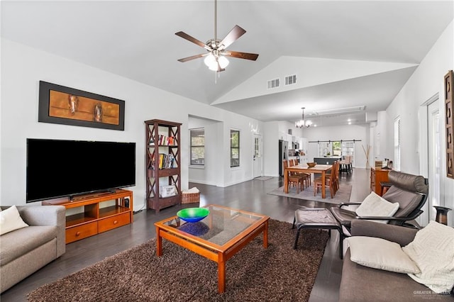 136 W Evergreen St, Boerne, TX 78006 - living room featuring wood finished floors, a chandelier, a ceiling fan, and high vaulted ceiling