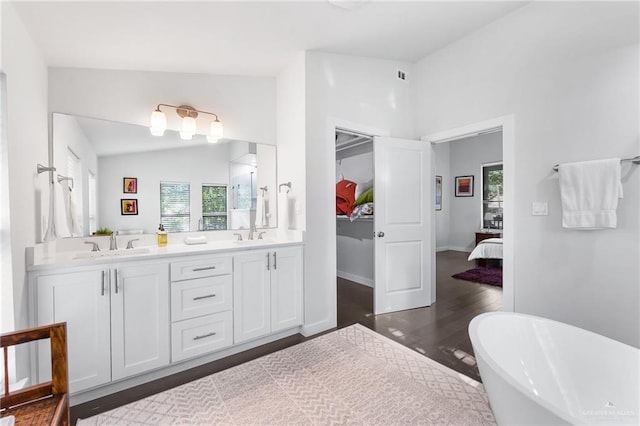 136 W Evergreen St, Boerne, TX 78006 - bathroom with ensuite bathroom, double vanity, a freestanding bath, lofted ceiling, and wood finished floors