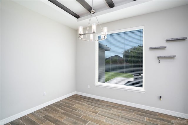 13809 N 37th St, Mcallen, TX 78504 - unfurnished dining area featuring wood tiled floors, a chandelier, baseboards, and beamed ceiling