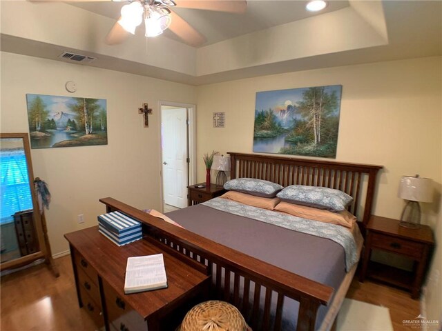 14022 Whitewing Ln, Lyford, TX 78569 - bedroom with wood finished floors, a raised ceiling, and a ceiling fan