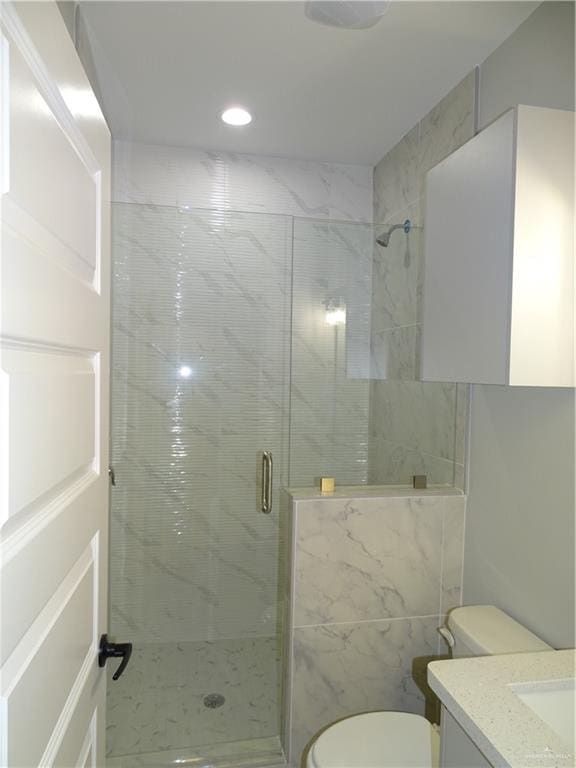 bathroom with vanity, an enclosed shower, and toilet