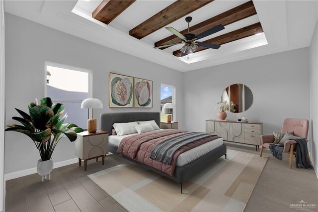 1101 Magnolia St, Mission, TX 78573 - bedroom featuring a tray ceiling, beam ceiling, wood finished floors, a ceiling fan, and baseboards