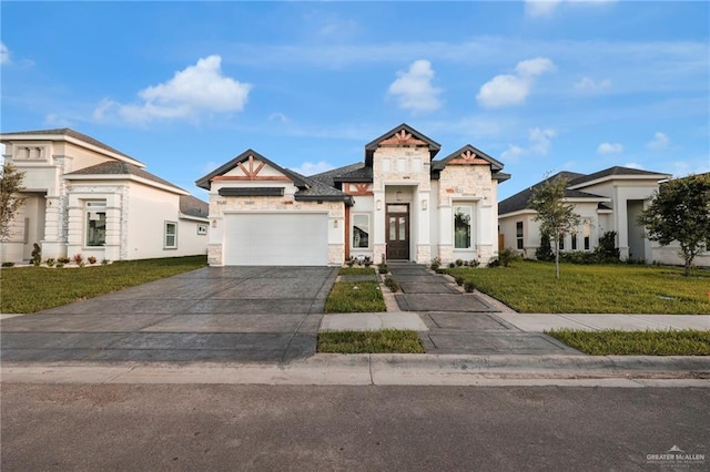 1101 Magnolia St, Mission, TX 78573 - view of front of house featuring stone siding, a front yard, concrete driveway, and an attached garage