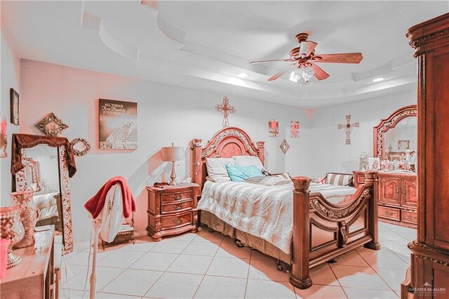 1722 Blue Bird Ave, Penitas, TX 78576 - bedroom featuring a raised ceiling, recessed lighting, light tile patterned flooring, and ceiling fan