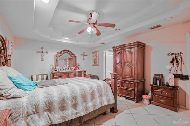 1722 Blue Bird Ave, Penitas, TX 78576 - bedroom featuring a raised ceiling, light tile patterned floors, ceiling fan, and recessed lighting