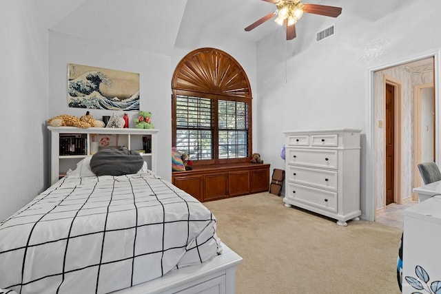4301 Spring Creek Dr, Corpus Christi, TX 78410 - bedroom featuring light carpet, lofted ceiling, and ceiling fan