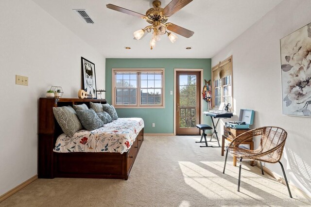 4301 Spring Creek Dr, Corpus Christi, TX 78410 - bedroom with access to outside, carpet floors, baseboards, an office area, and ceiling fan