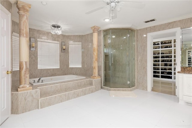 bathroom with tile patterned floors, independent shower and bath, and ornamental molding