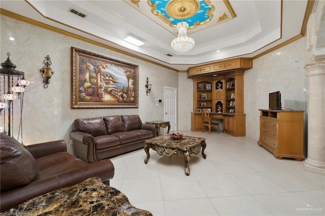 living room featuring a tray ceiling and ornamental molding