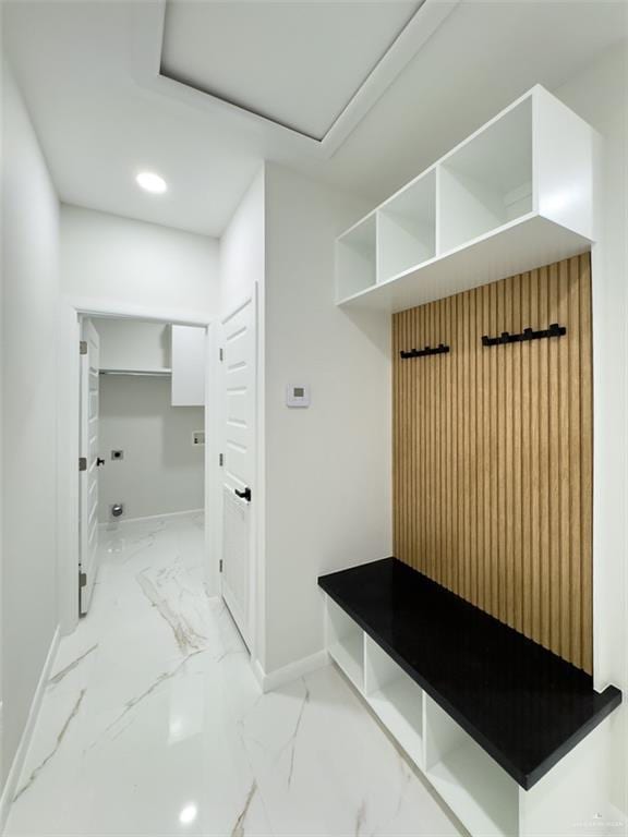 mudroom featuring recessed lighting, baseboards, marble finish floor, and attic access