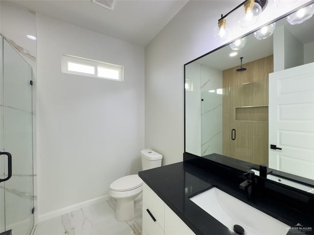 bathroom featuring baseboards, toilet, marble finish floor, and a stall shower