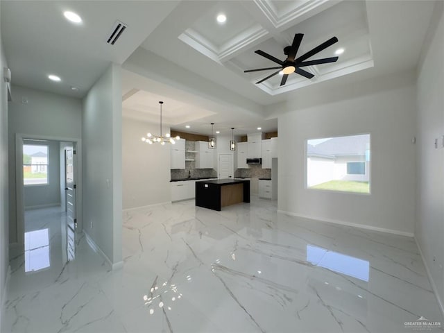 kitchen featuring marble finish floor, a kitchen island, coffered ceiling, recessed lighting, and baseboards