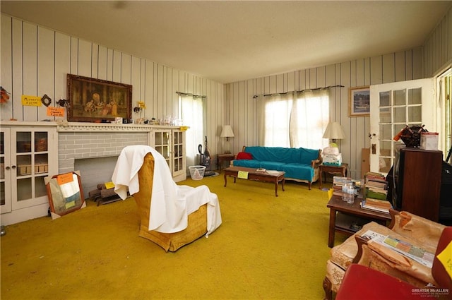 sitting room with wooden walls and carpet