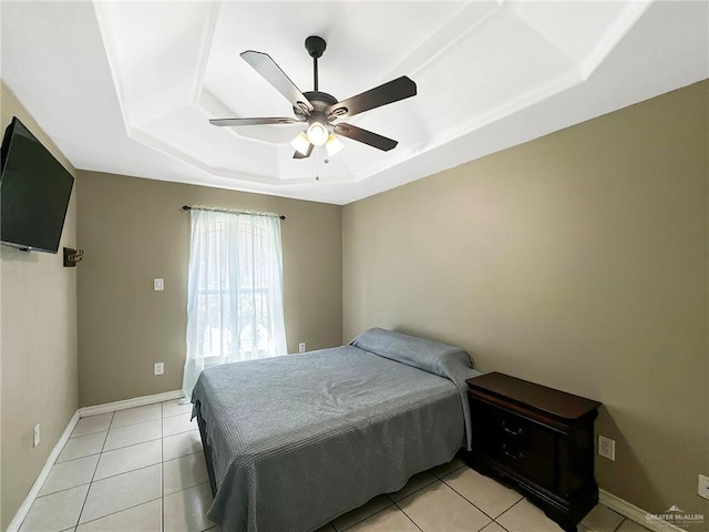 700 Via Cantera Dr, San Juan, TX 78589 - bedroom with a raised ceiling, light tile patterned flooring, ceiling fan, and baseboards